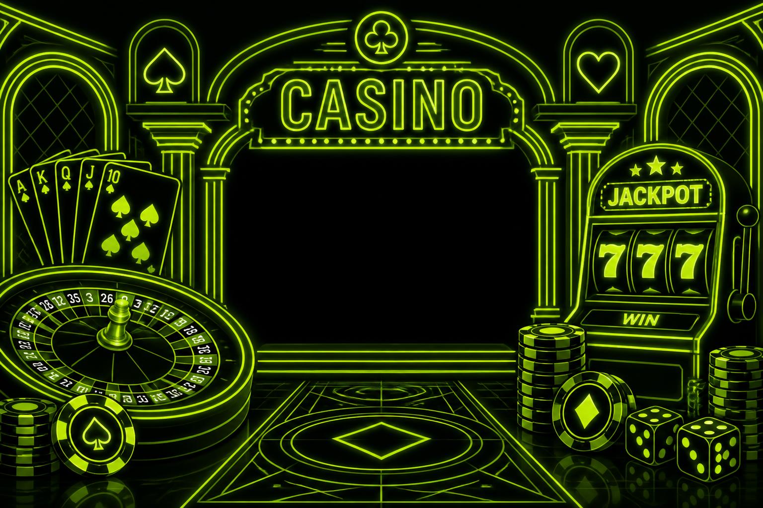 Neon casino environment with roulette, cards, chips and slots